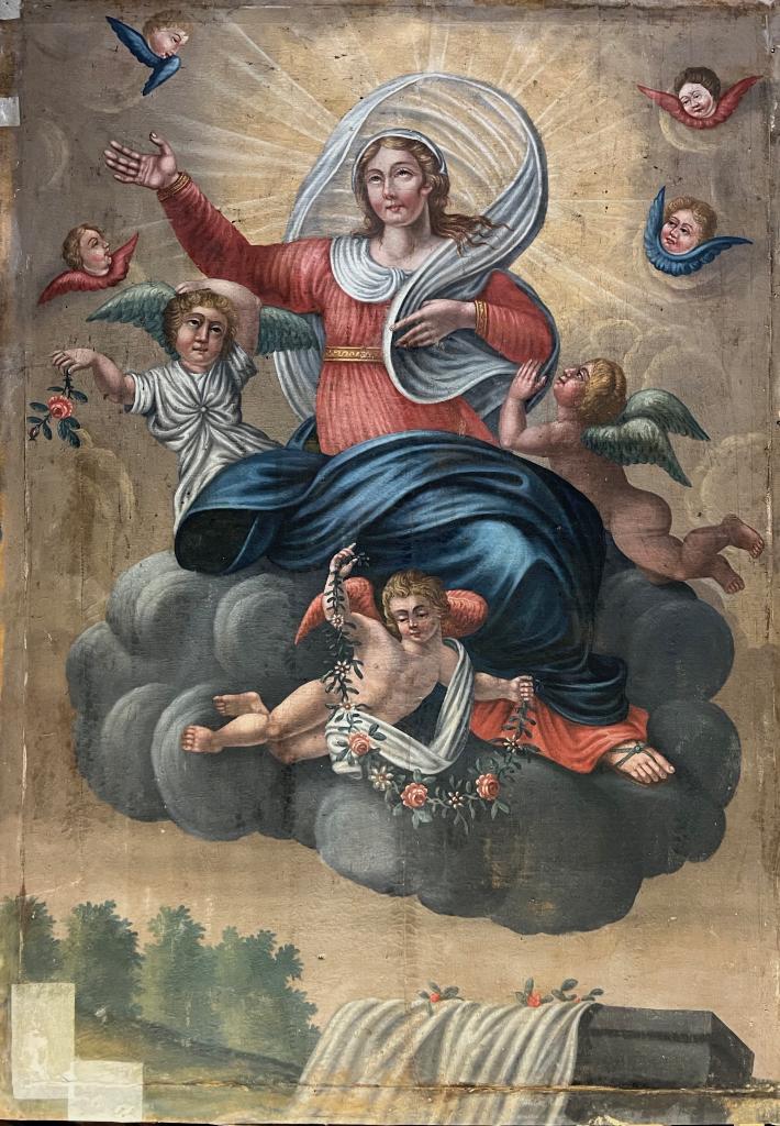 ensemble du retable de la Vierge : autel tombeau, tabernacle architecturé, tableau et son cadre : l'Assomption de la Vierge