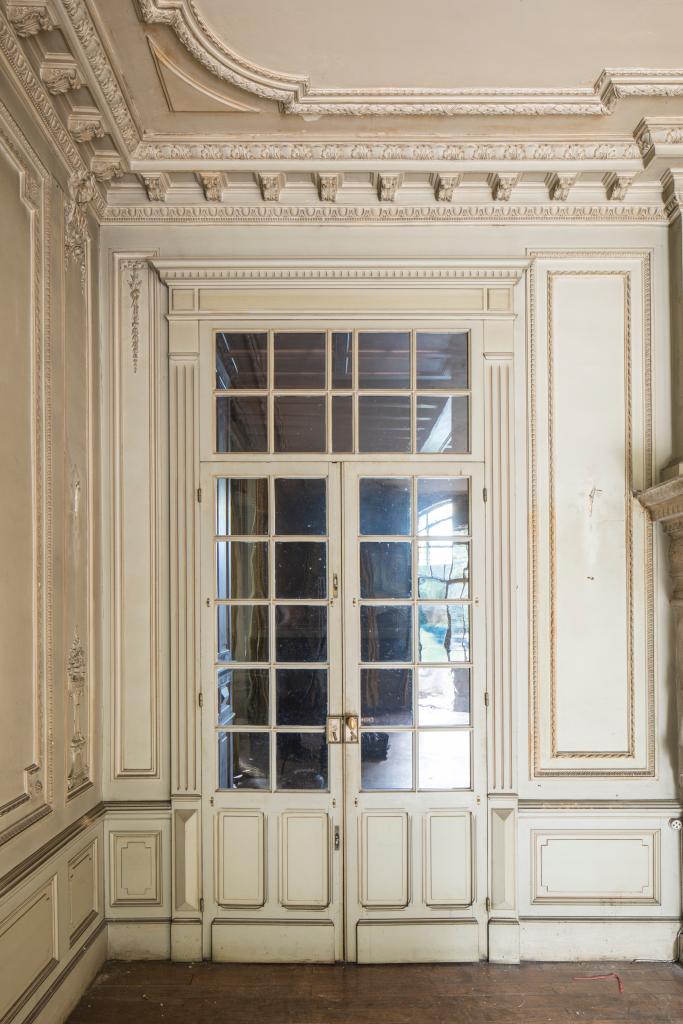 décors d'architecture du grand salon : plafond, lambris de hauteur, tableaux (3), cheminée, miroirs de trumeaux (2)