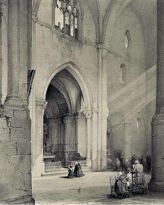 Ensemble de gravures représentant l'abbaye : Salle capitulaire de Fontfroide, cloître de Fontfroide, intérieur du cloître de Fontfroide
