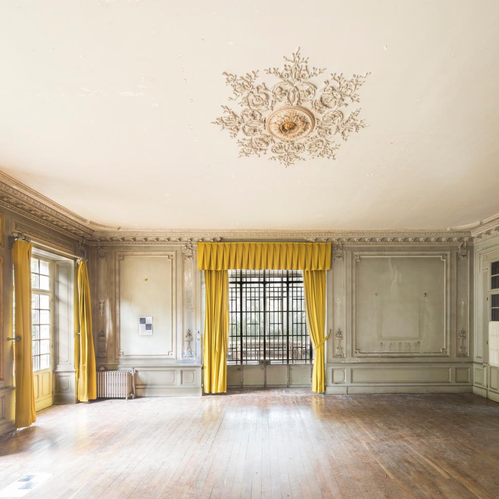 décors d'architecture du grand salon : plafond, lambris de hauteur, tableaux (3), cheminée, miroirs de trumeaux (2)