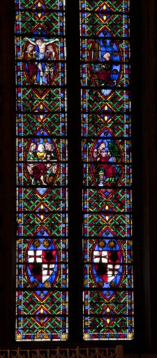 baie 102 : la légende du moine Théophile, scènes de la vie de Marie, les Noces de Cana, le Calvaire, la Pentecôte, la Dormition de la Vierge, les Funérailles de la Vierge, l'Assomption, le couronnement de la Vierge