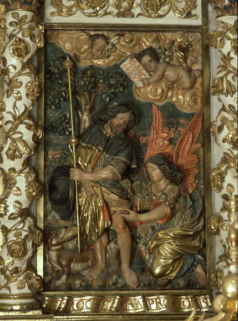 Paire de hauts-reliefs du retable du Rosaire : Saint Sébastien soigné ; Saint Roch soigné