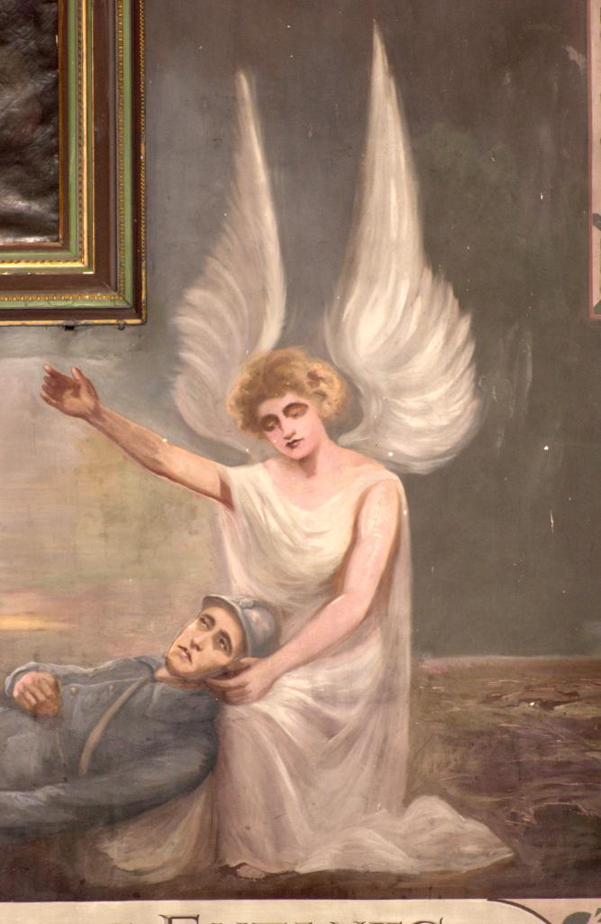 ensemble du monument aux morts de la guerre de 1914-1918 et de la guerre de 1939-1945, de la peinture monumentale, d'un tableau ""l'Agonie du Christ"", des deux tableaux commémoratifs et des deux plaques commémoratives.