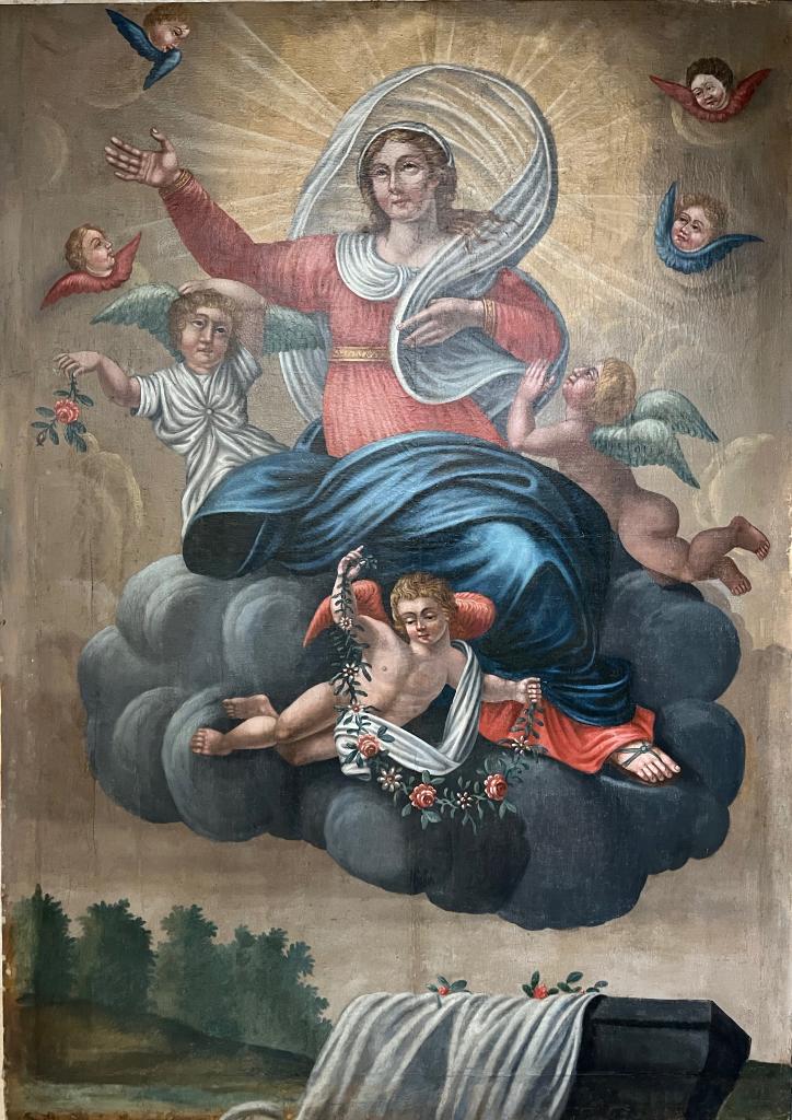 ensemble du retable de la Vierge : autel tombeau, tabernacle architecturé, tableau et son cadre : l'Assomption de la Vierge