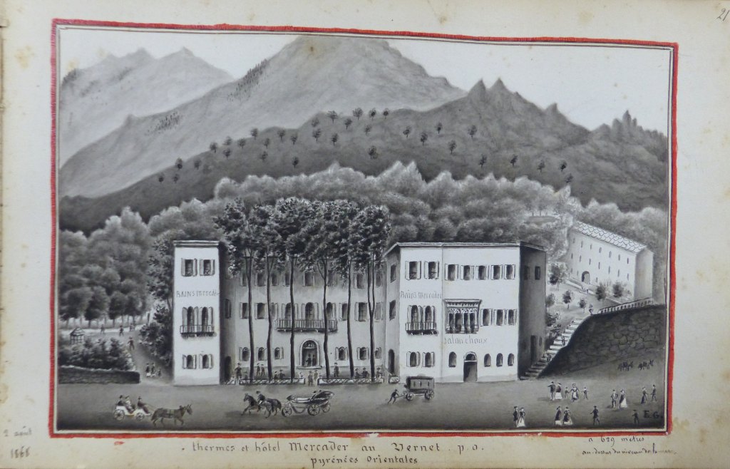 Bains et hôtel Mercader, dessin d'Edouard Grosset, 2 août 1868 (AD PO 65 Fi1). 