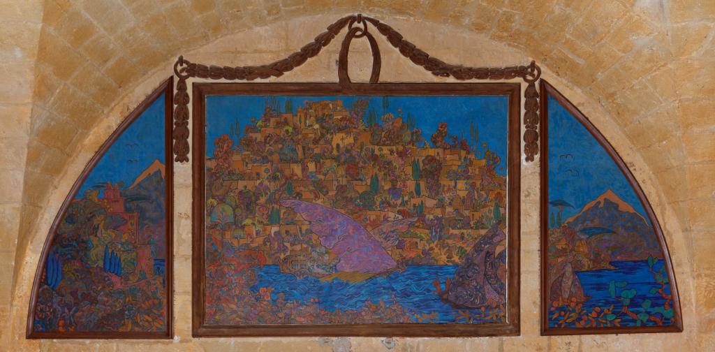 Les 5 triptyques et le tondo du grand parloir avec leur cadre : L'amour suprême, Armide, Tristan et Isolde, Sémiramis, Hippolyte et Aricie, Parsifal