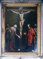 tableau : le Christ en croix entre la Vierge, saint Jean, saint Ignace et saint François-Xavier