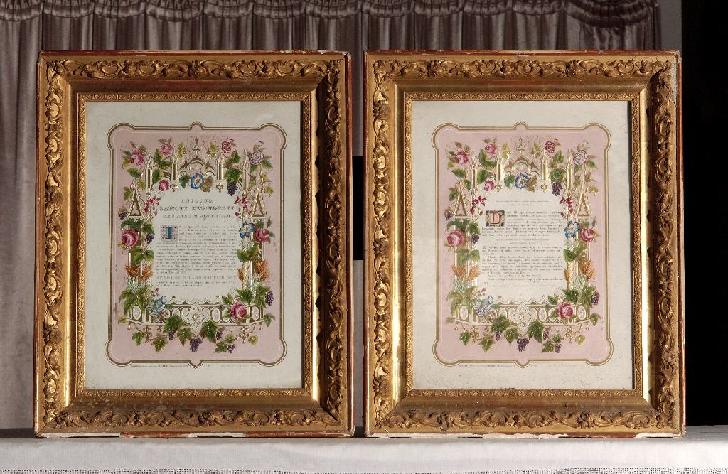 ensemble de 2 canons d'autel (canon du lavabo, canon du dernier évangile), de style néo-gothique et de leurs cadres